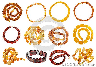 Set of various amber necklaces isolated on white Stock Photo