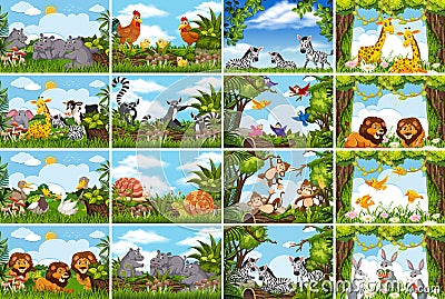 Set of various animals in nature scenes Vector Illustration