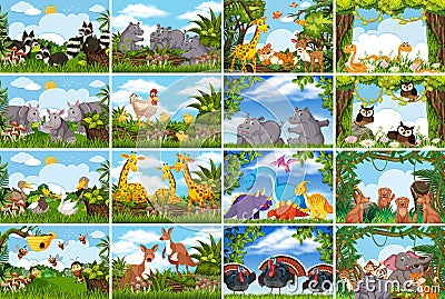 Set of various animals in nature scenes Vector Illustration