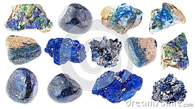 Set of various Azurite stones cutout on white Stock Photo