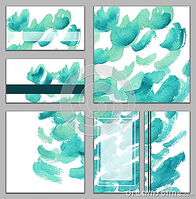 Set of various business cards, cutaways - abstract bright blue, azure watercolor hand-painted background Cartoon Illustration