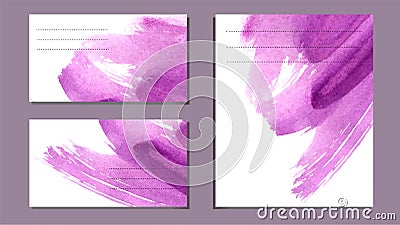 Set of various business cards, cutaways - abstract bright purple vector background, watercolor imitation, brush texture Vector Illustration