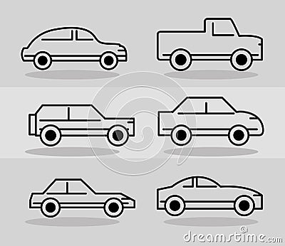 Set of various cars side view transport vehicle, line icons on gray background Vector Illustration