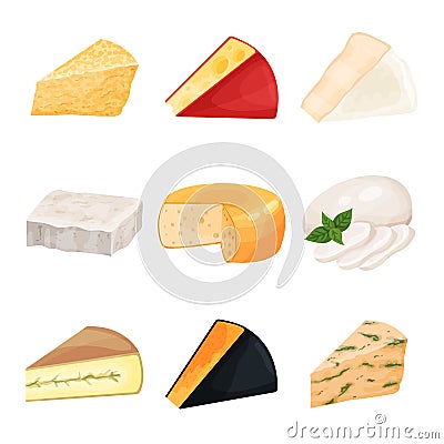 Set of various cheese, dairy products cartoon vector Illustrations Vector Illustration