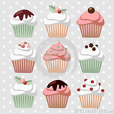 Set of various christmas cupcakes, muffins, Vector Illustration