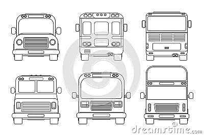 Set of various city bus. Front and back view. Outline vector illustration isolated on white. Vector Illustration