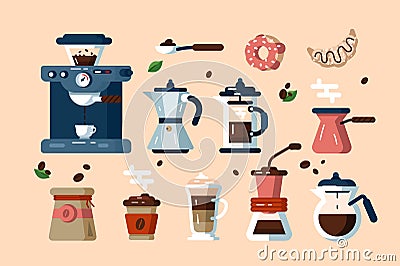 Set of various coffee machines and tools Cartoon Illustration