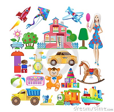 Set of various colorful children`s toys. Educational and sports games. Vector Illustration