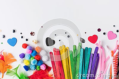 A set of various and colorful materials for children's crafts. Children's craft. Copy space Stock Photo