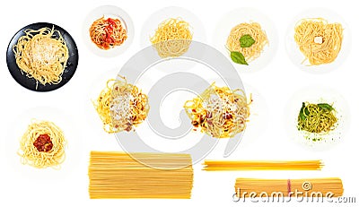 Set of various cooked and dry spaghetti isolated Stock Photo