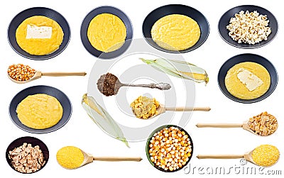 Set of various cooked and uncooked maize corns Stock Photo