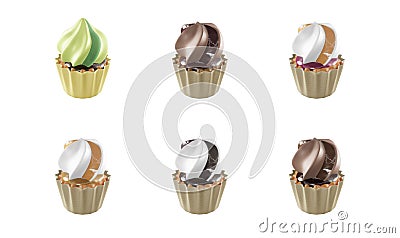 Set of Various Cupcakes with Nut, Caramel and Chocolate Flavouring Stock Photo