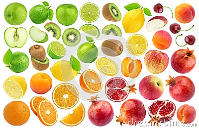 Set of various cut fruits isolated on white background. Color gradient pattern Stock Photo