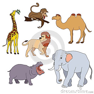 Set of various cute animals, safari animals. Vector illustration isolated on white Vector Illustration