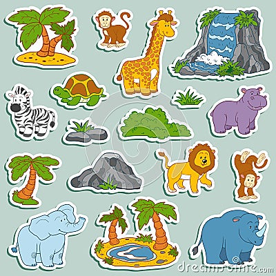 Set of various cute animals, vector stickers of safari animals Vector Illustration