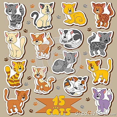 Set of various cute cats, vector stickers Vector Illustration