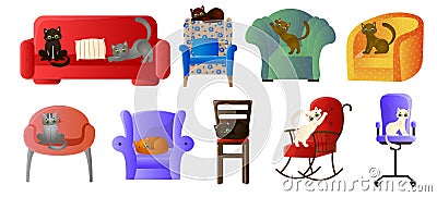 Set of various cute domestic cats resting in different poses on soft sofas and armchairs. Vector illustration in flat Vector Illustration