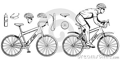 Set of various cycling elements. Cyclist on a bicycle. Sports bike. Bicycle helmet. Man riding a bike. Vector Illustration