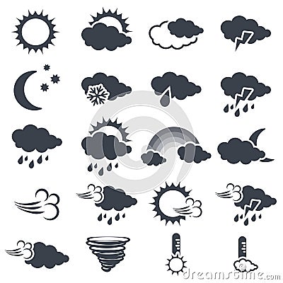 Set of various dark grey weather symbols, elements of forecast - icon of sun, cloud, rain, moon, snow, wind, whirlwind, rainbow Vector Illustration