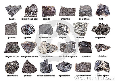 Set of various dark unpolished minerals with names Stock Photo