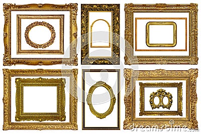 Set of various Decorative vintage gilded golden wooden frames isolated on white Stock Photo