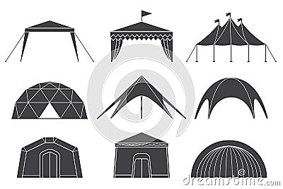 Set of various designs of tents for camping and pavilion tents Vector Illustration