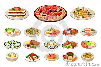 Set of various dishes on plates. Tasty food. Traditional breakfast. European lunch. Flat vector design for promo poster Vector Illustration