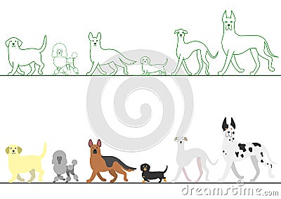 Set of various dogs walking in line Vector Illustration