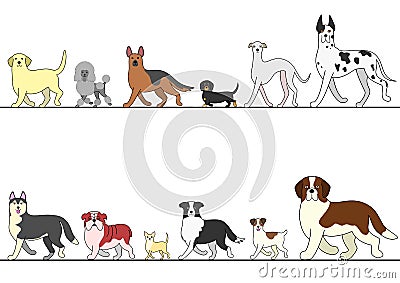 Set of various dogs walking in line Vector Illustration