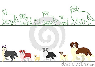 Set of various dogs walking in line Vector Illustration