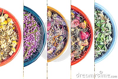 Set of various dry tea in ceramic bowls Stock Photo