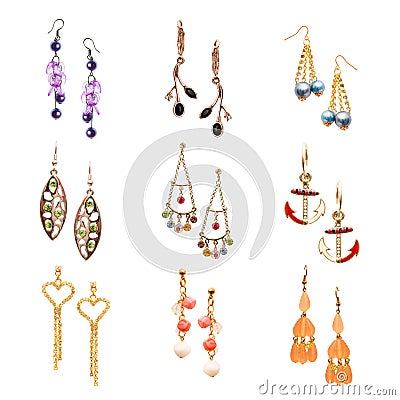 Set of various earrings isolated on white Stock Photo