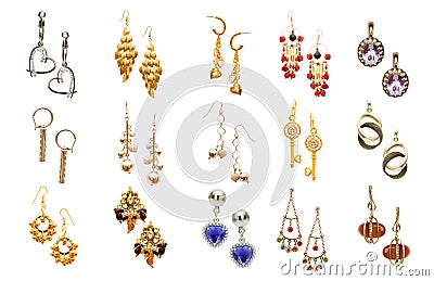 Set of various earrings isolated on white Stock Photo