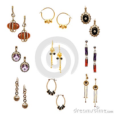 Set of various earrings isolated on white Stock Photo