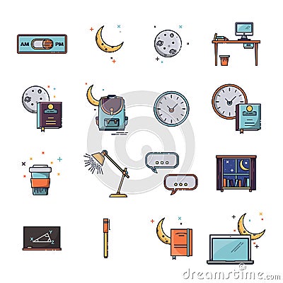 Set of various educational and time conceptual vector icons Vector Illustration