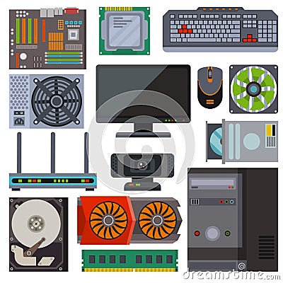 Set of various electronics devices computer parts vector. Vector Illustration