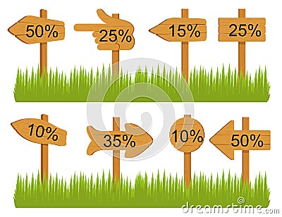 Set of various empty wooden sign boards, wood arrow sign on green grass. Retro, old or vintage signs point on percent. Vector Illustration