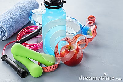 Set of various fitness equipment. Outfit for gym or home Stock Photo