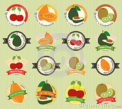 Set of various fresh fruit and vegetable premium quality tag Vector Illustration