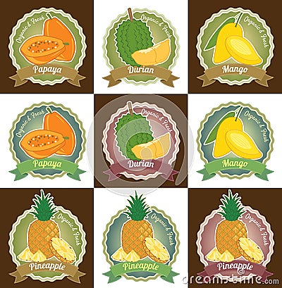 Set of various fresh tropical fruits premium quality tag label badge sticker and logo design in vector Vector Illustration