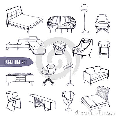 Set of various furniture. Hand drawn different types sofas, chairs and armchairs, bedside tables, beds, tables, lamps Vector Illustration