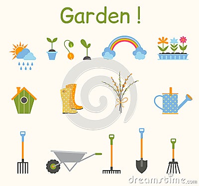 Set of various gardening items. Garden tools. Vector Illustration