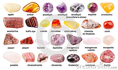 Set of various gemstones with names isolated Stock Photo