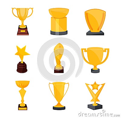 Set of various gold, bronze medals and cups. Golden trophy. Vector Illustration