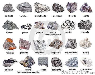 Set of various gray unpolished minerals with names Stock Photo