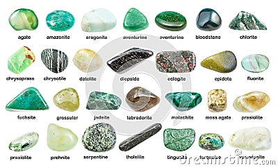 Set of various green gemstones with names isolated Stock Photo