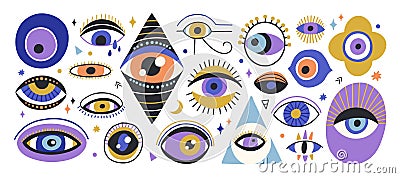 Set of various hand drawn doodle eyes vector flat illustration. Collection of evil, ra, turkish, greek and esoteric eye Vector Illustration