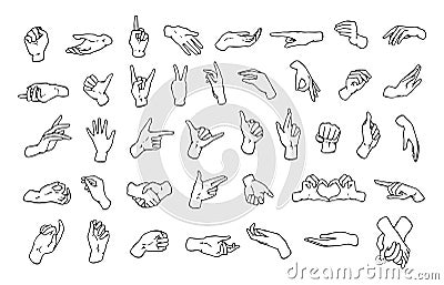 Set of various hand gestures, symbols shown with palm and fingers drawn with black contour lines on white background Vector Illustration