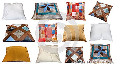 Set of various handmade pillows isolated on white Stock Photo