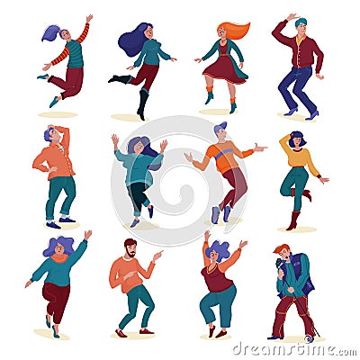 Set of various happy dancing people, men and women Vector Illustration